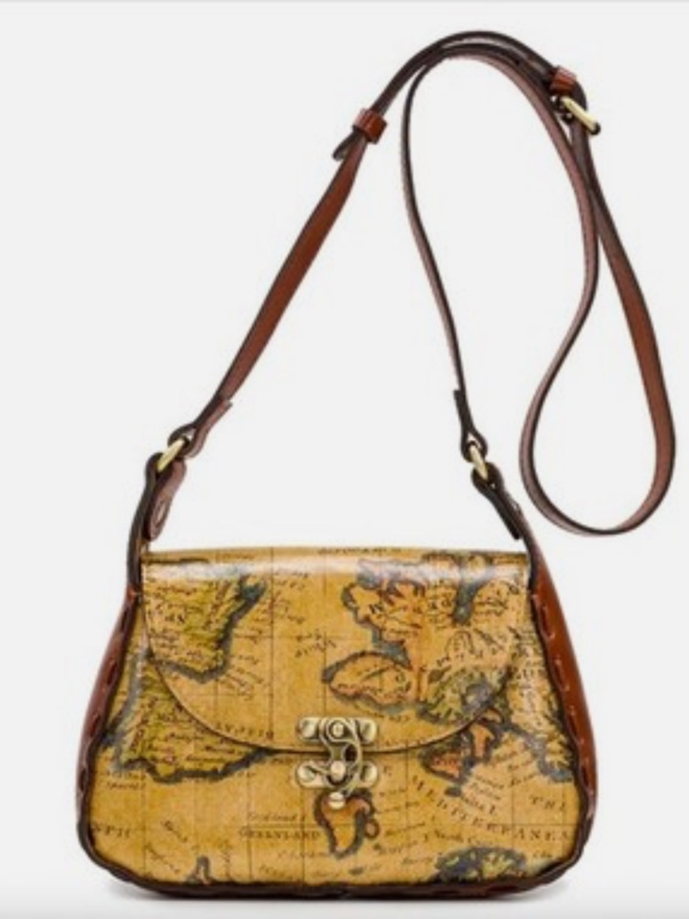 Patricia Nash Lucia European Map Crossbody Bag Tan Full-Grain Leather Vintage